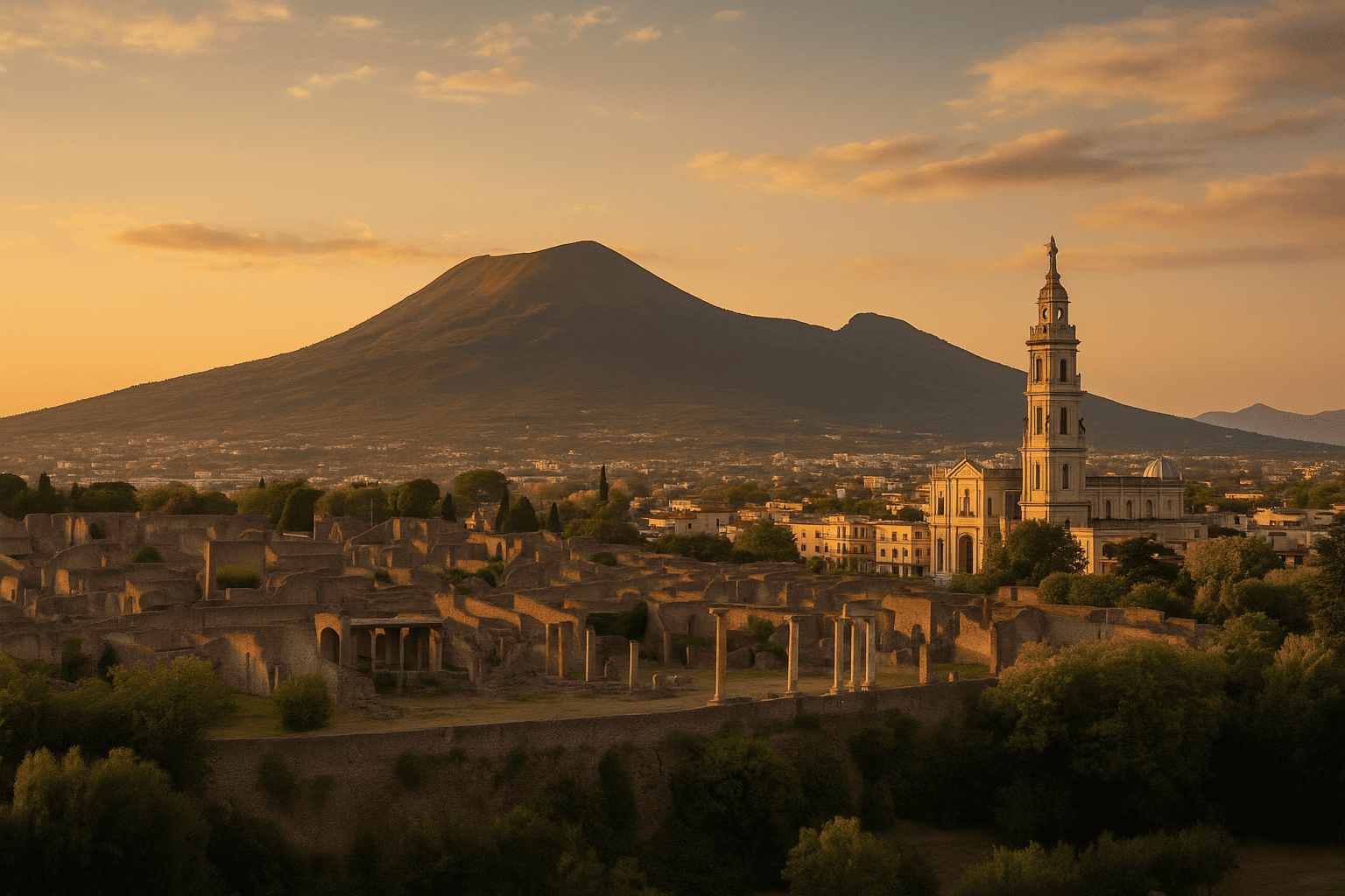 Dintorni di Pompei produzione dettagliata con panorama al tramonto con Vesuvio e città antica