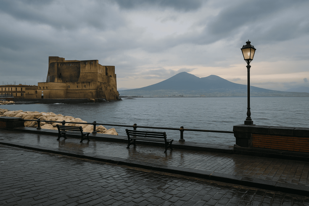 Napoli in una giornata nuvolosa con vista sul Vesuvio e Castel dell’Ovo, ideale per attività da fare quando piove vicino a Pompei