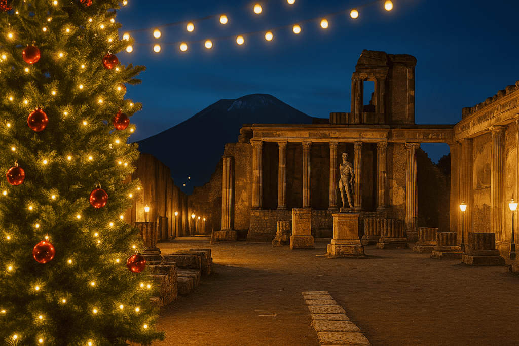 Fotoriproduzione realistica degli scavi di Pompei al tramonto con decorazioni natalizie e il Vesuvio sullo sfondo