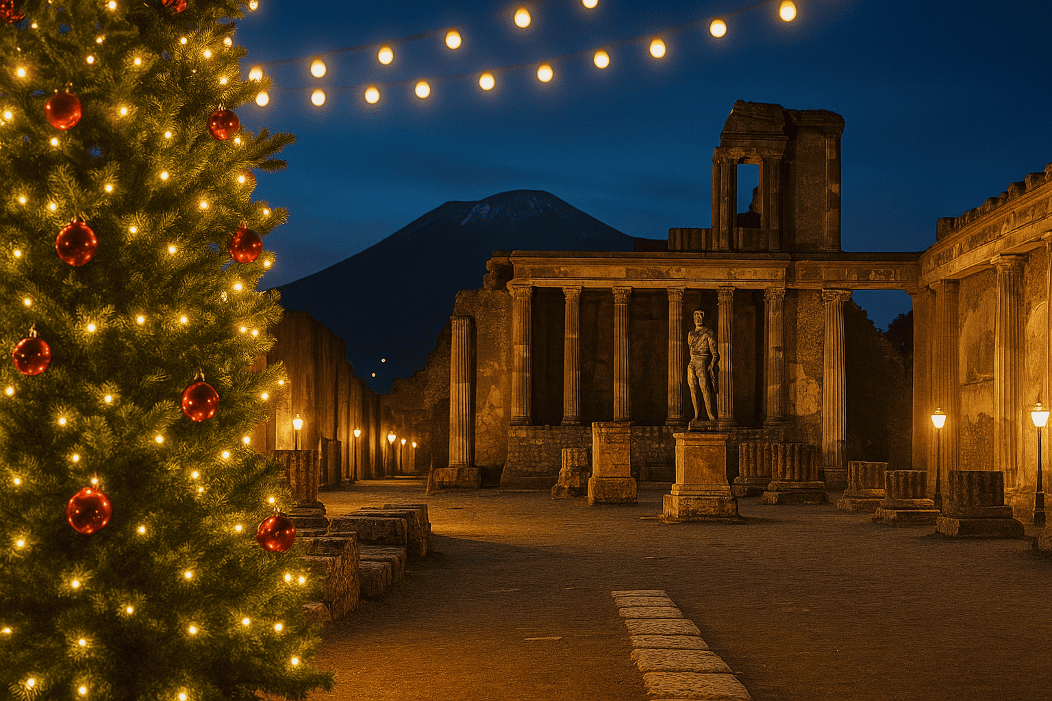 Fotoriproduzione realistica degli scavi di Pompei al tramonto con decorazioni natalizie e il Vesuvio sullo sfondo