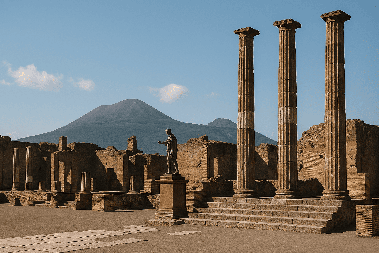 Fotoriproduzione realistica degli scavi di Pompei con il Vesuvio sullo sfondo