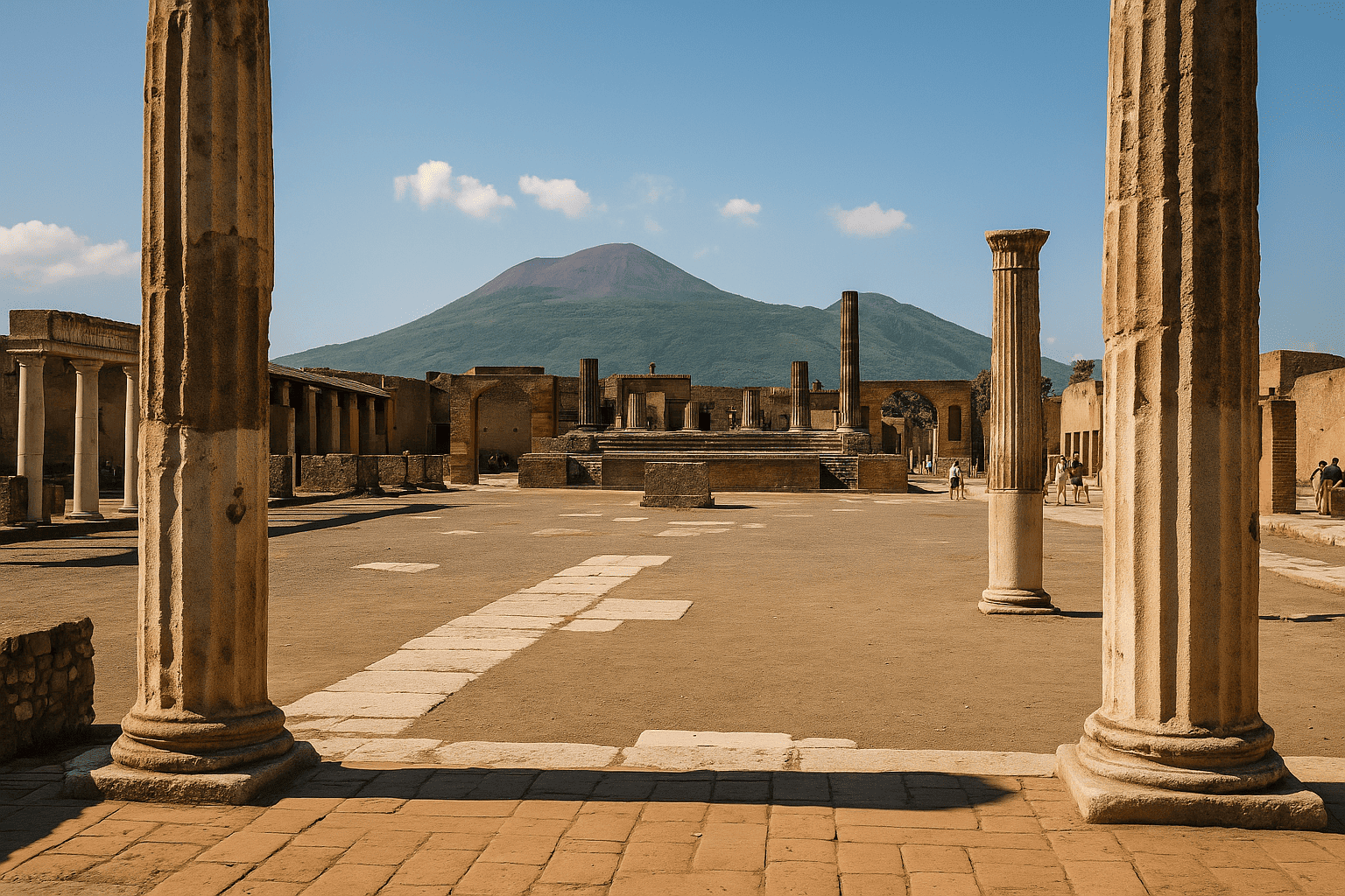 L’ingresso degli scavi di Pompei in un pomeriggio soleggiato, con vista sulle rovine archeologiche e il Vesuvio sullo sfondo