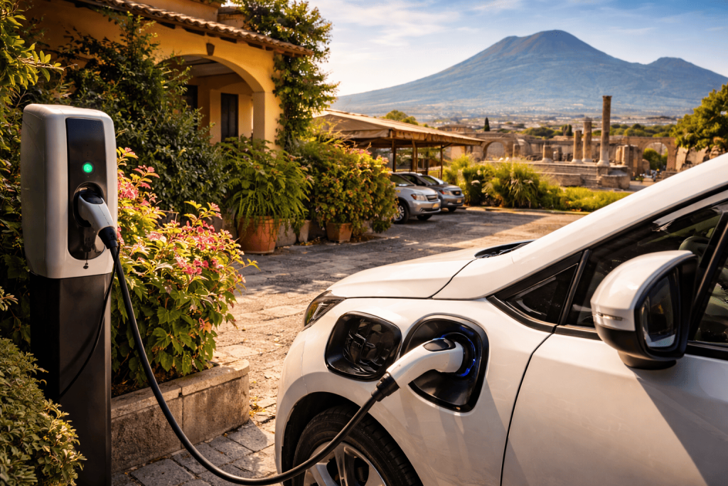 Auto elettrica in ricarica presso una struttura ricettiva a Pompei, a pochi passi dagli Scavi, con il Vesuvio sullo sfondo immagine fotorealistica