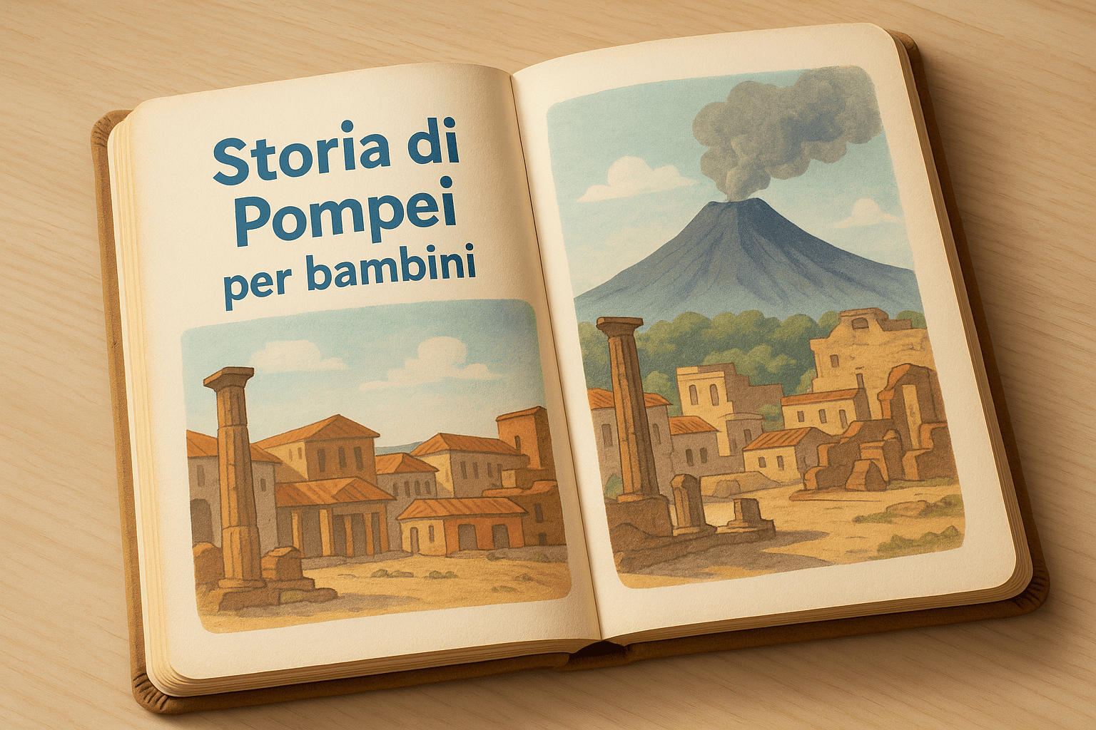 Fotoriproduzione realistica di un libro di storia per bambini aperto con illustrazioni di Pompei e del Vesuvio