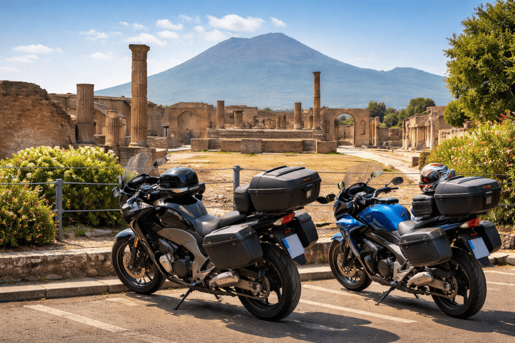 Moto e scooter nei pressi di Pompei, immagine fotorealistica con vista sul Vesuvio, immagine ispirazionale di viaggio