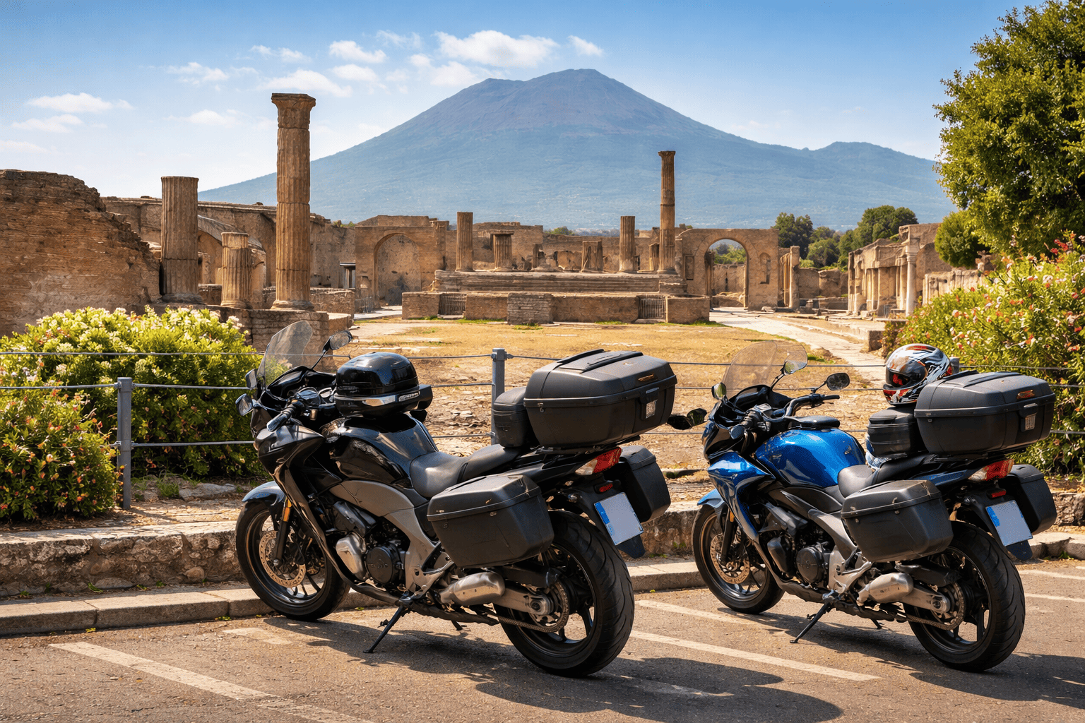 Moto e scooter nei pressi di Pompei, immagine fotorealistica con vista sul Vesuvio, immagine ispirazionale di viaggio