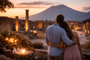 Coppia al tramonto tra le rovine di Pompei con il Vesuvio sullo sfondo, immagine fotorealistica di un weekend romantico