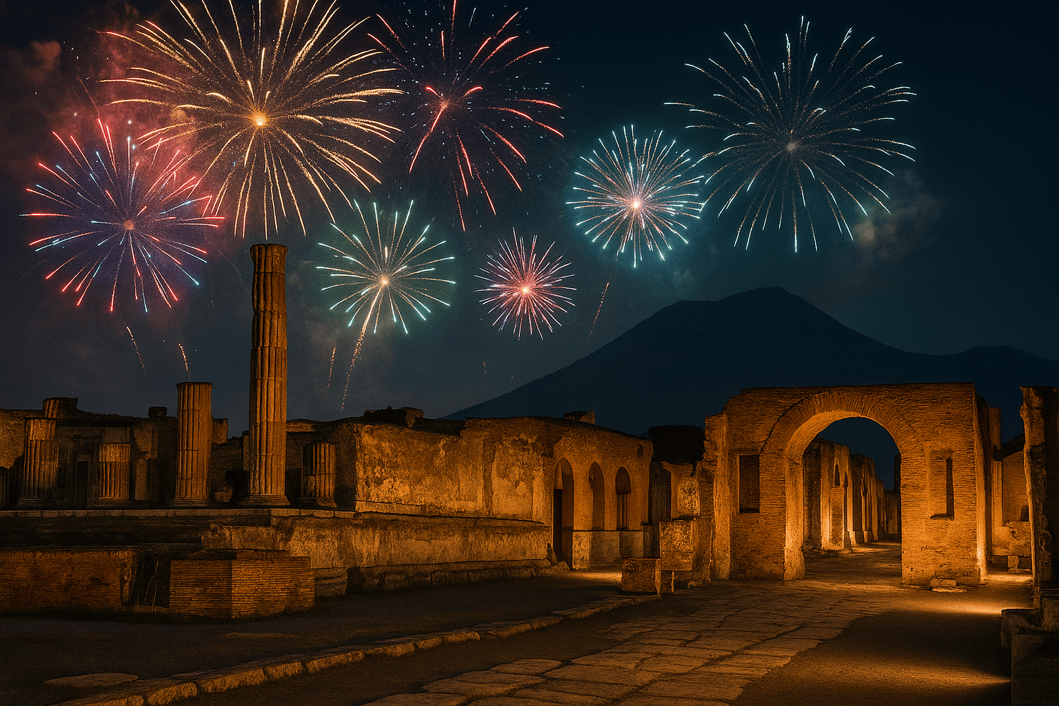 Scorcio serale degli scavi di Pompei illuminati, con atmosfera suggestiva