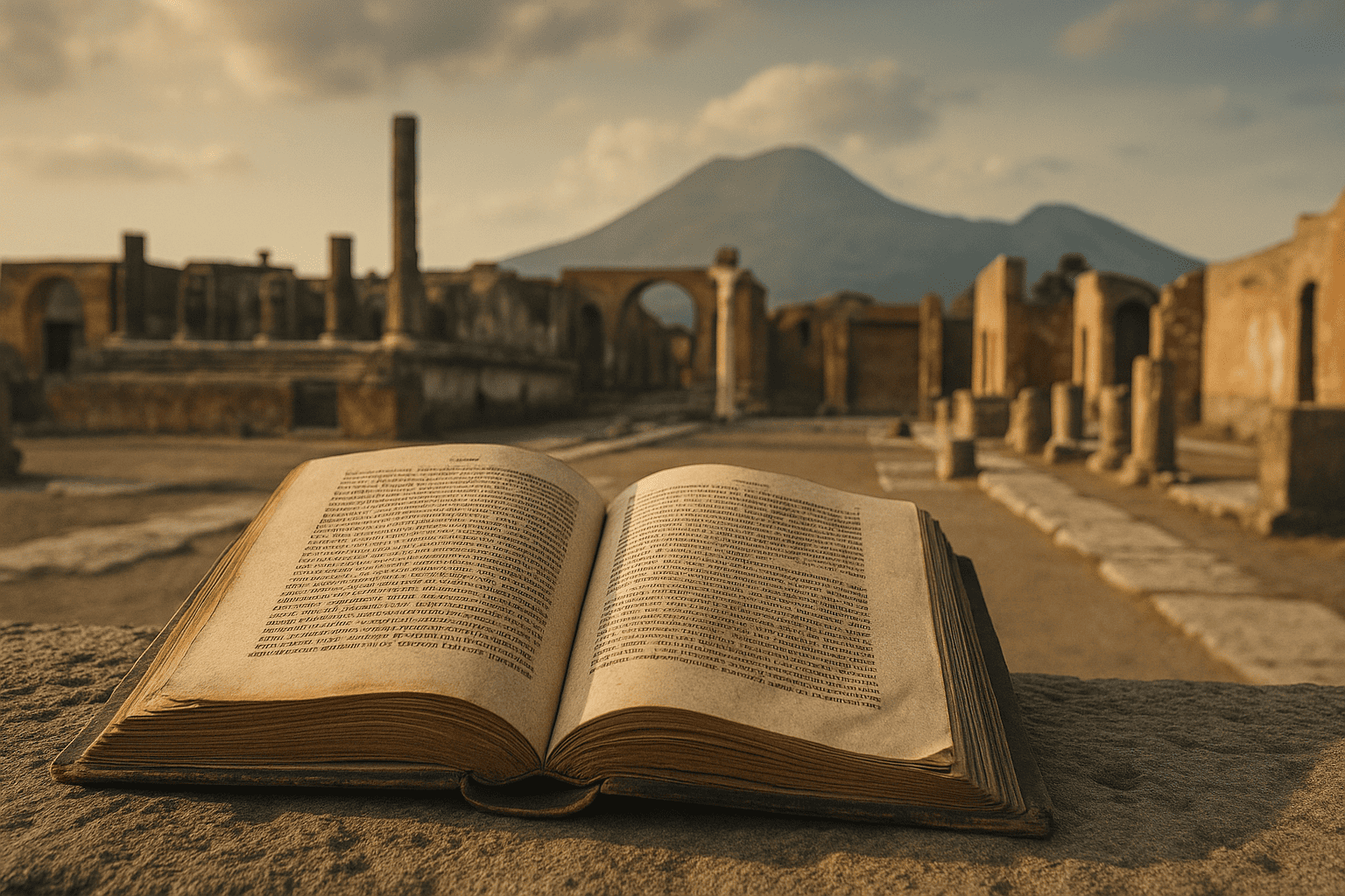 Antico libro aperto tra le rovine archeologiche di Pompei con il Vesuvio sullo sfondo, fotografia realistica in luce dorata
